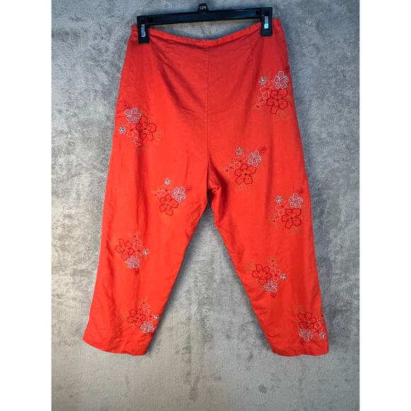 2 Piece Linen Blend Pant Set Size 10 Orange Floral Embroidered Beaded Fringe - Picture 9 of 10